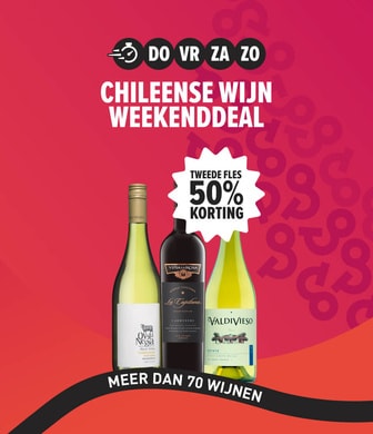 Weekenddeal 70+ chileense wijnen tweede fles 50% korting.